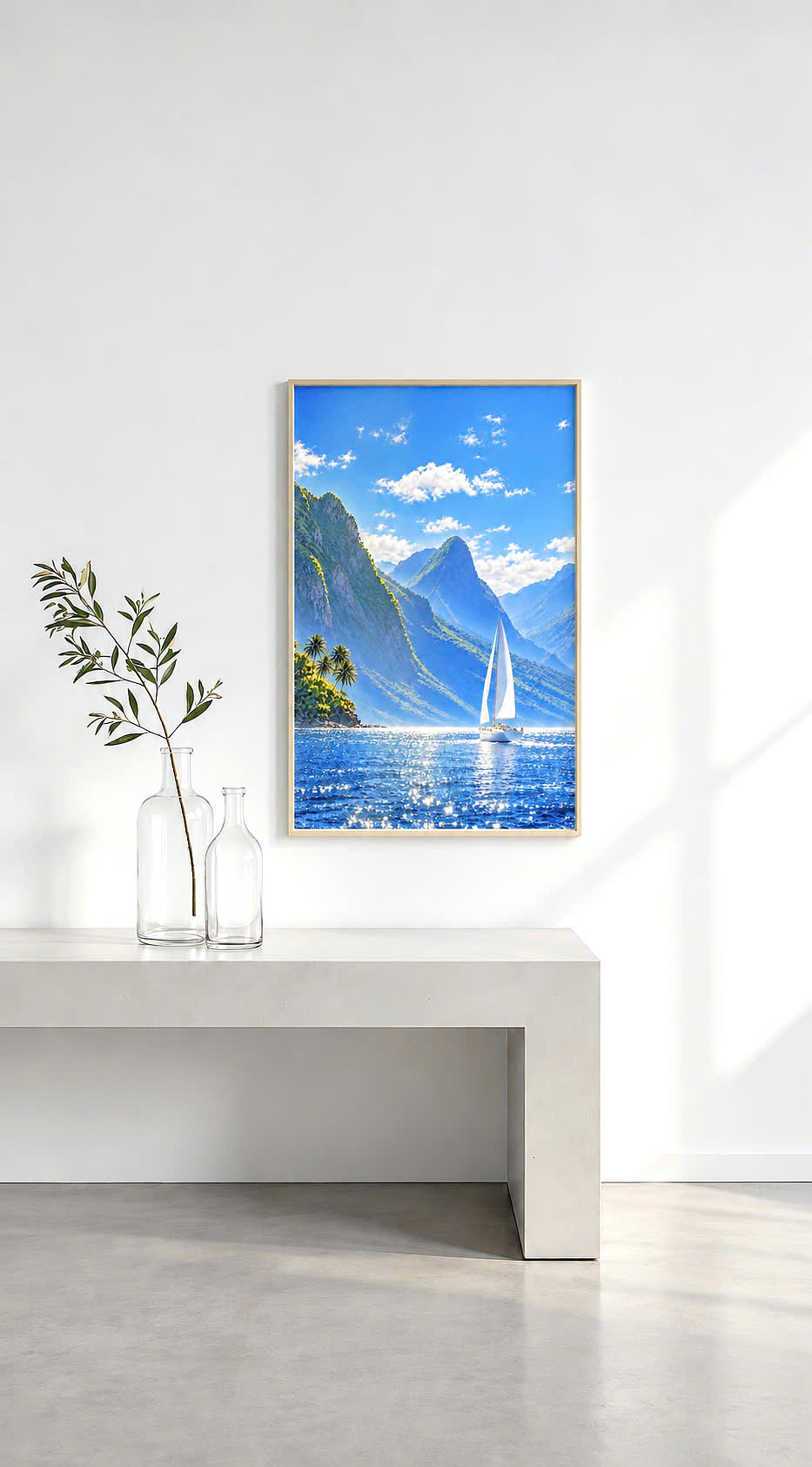 Tranh Sơn Thủy – Núi Non, Biển Xanh và Thuyền Buồm | Tranh Trang Trí & Phong Thủy | 36 × 50 cm view 3