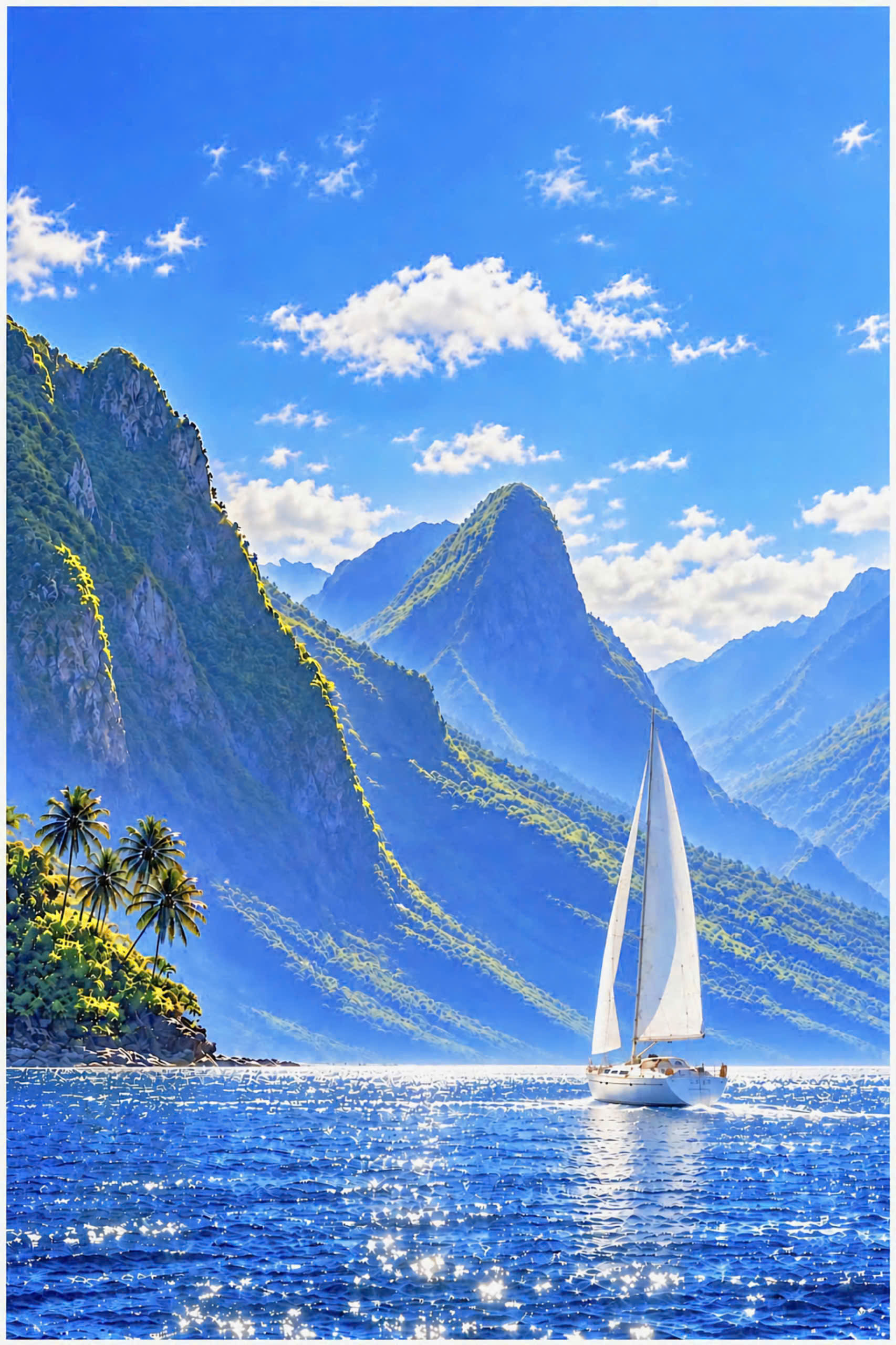 Tranh Sơn Thủy – Núi Non, Biển Xanh và Thuyền Buồm | Tranh Trang Trí & Phong Thủy | 36 × 50 cm